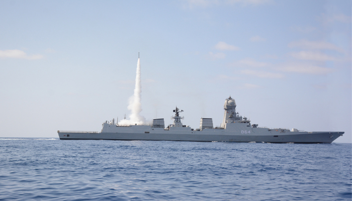 INS Kochi firing a Barak-8 MRSAM variant