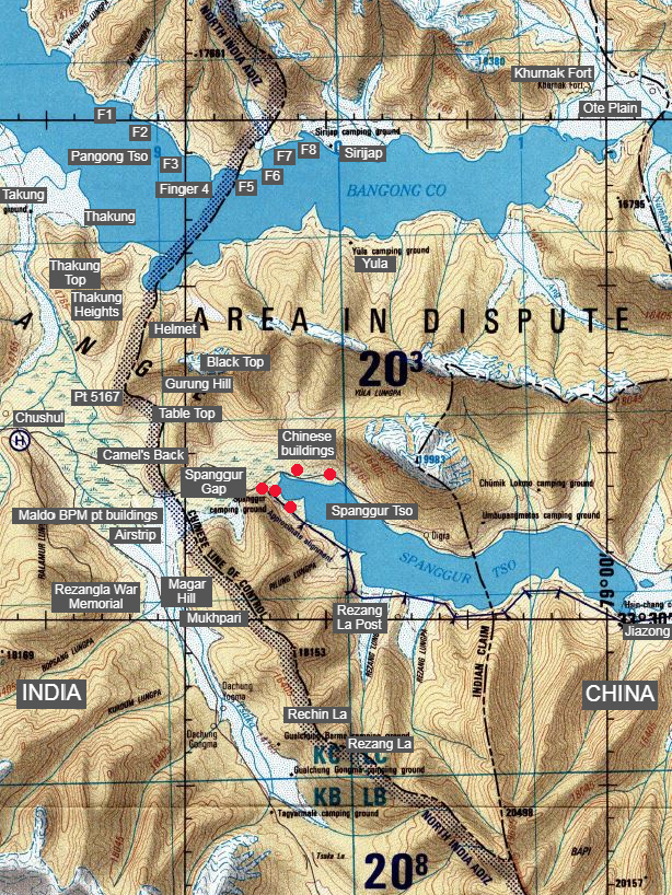 Fingers 1 to 8 visible on the north bank of Pangong Tso. On the south bank is Gurung Hill with features Helmet, Black Top, Table Top, Camel's Top. Chushul, Chushul/Maldo BPM point and airstrip, Magar Hill, Rechin La, Rezang La, Rezangla War Memorial, Spanggur Gap and Spanggur Tso, visible. Chinese and Indian claim lines (updated to 1992) marked.f120121122