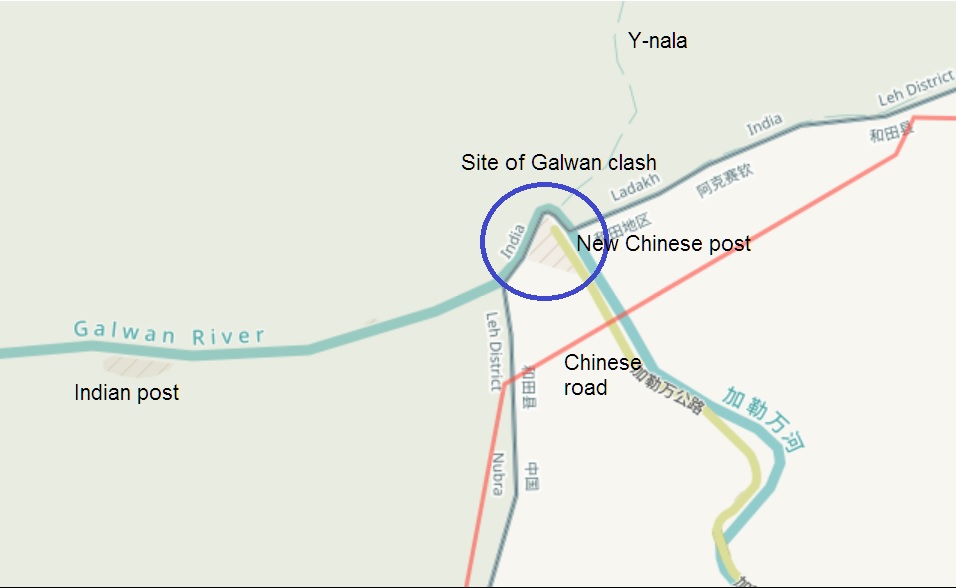 The site of Galwan clash at the river bend. Also seen are the LAC claimed by China June 2020 in green, and the prevailing LAC marked by the US Office of the Geographer in red