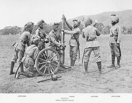 A mountain artillery crew from the British Indian Army demonstrating assembly of the RML 2.5 inch Mountain Gun, c. 1895.