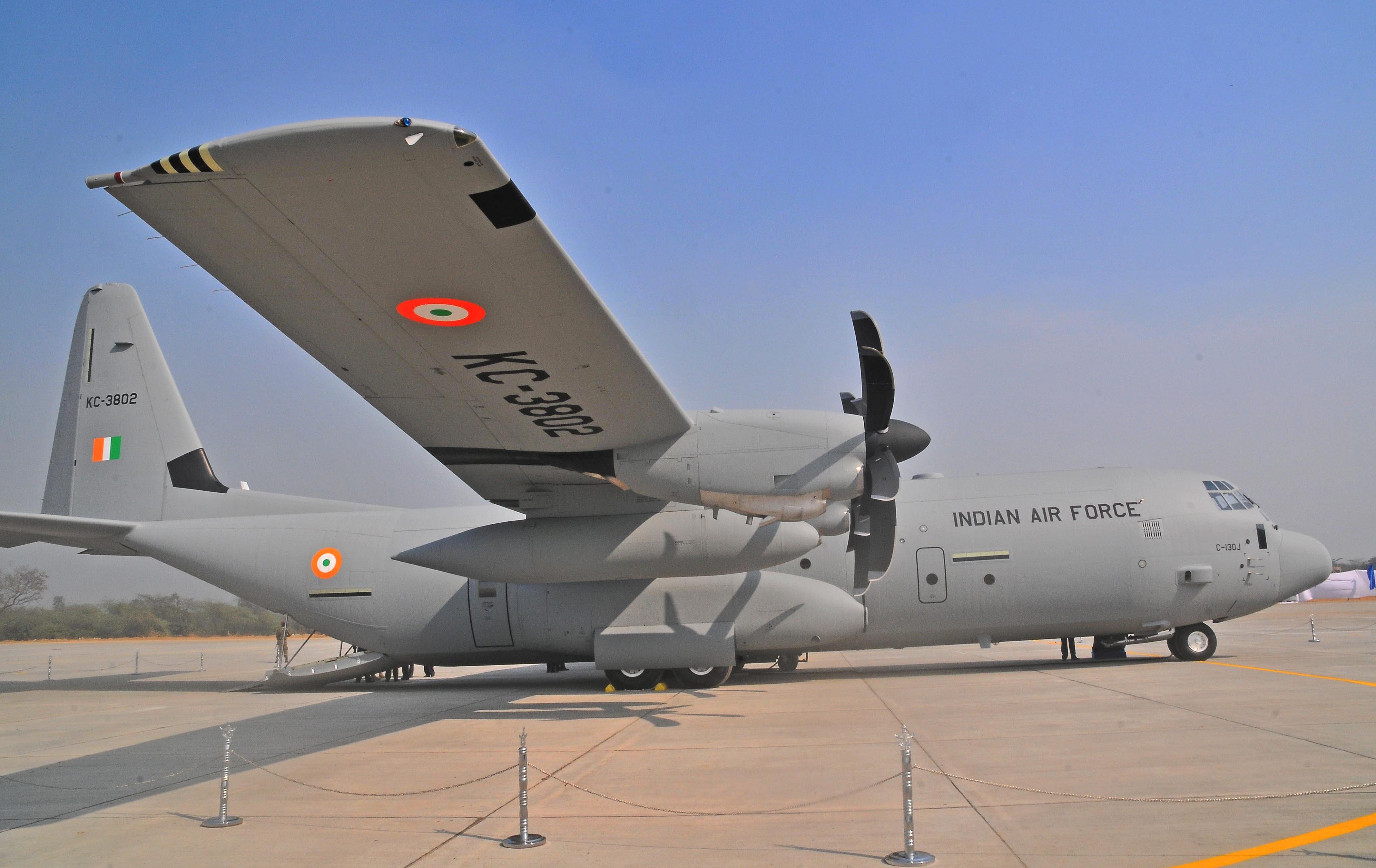 A C-130 J tactical transport aircraft.