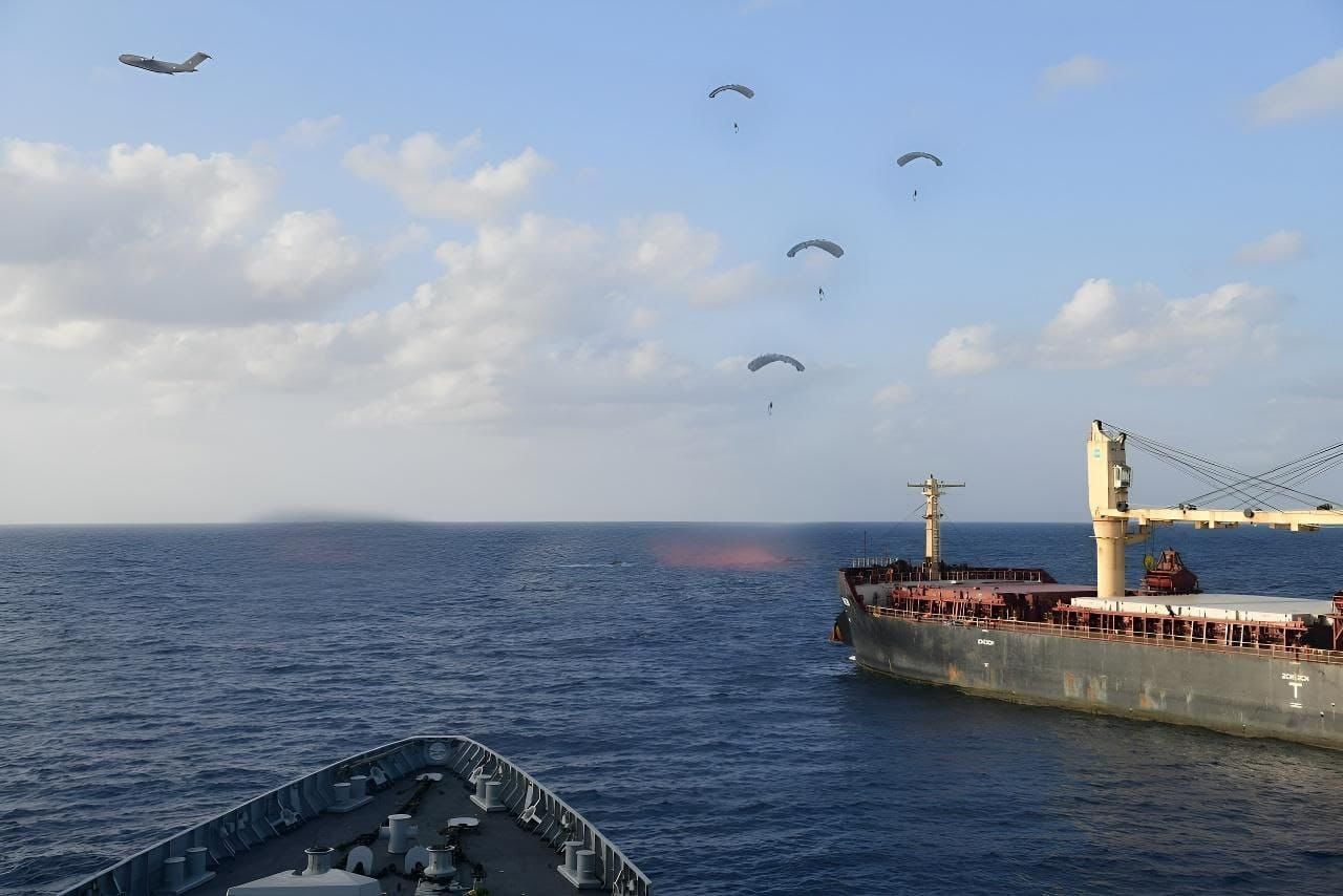 Marine Commandos being paradropped, rescuing 17 crew members of tanker MV Ruen from pirates as part of Operation Sankalp